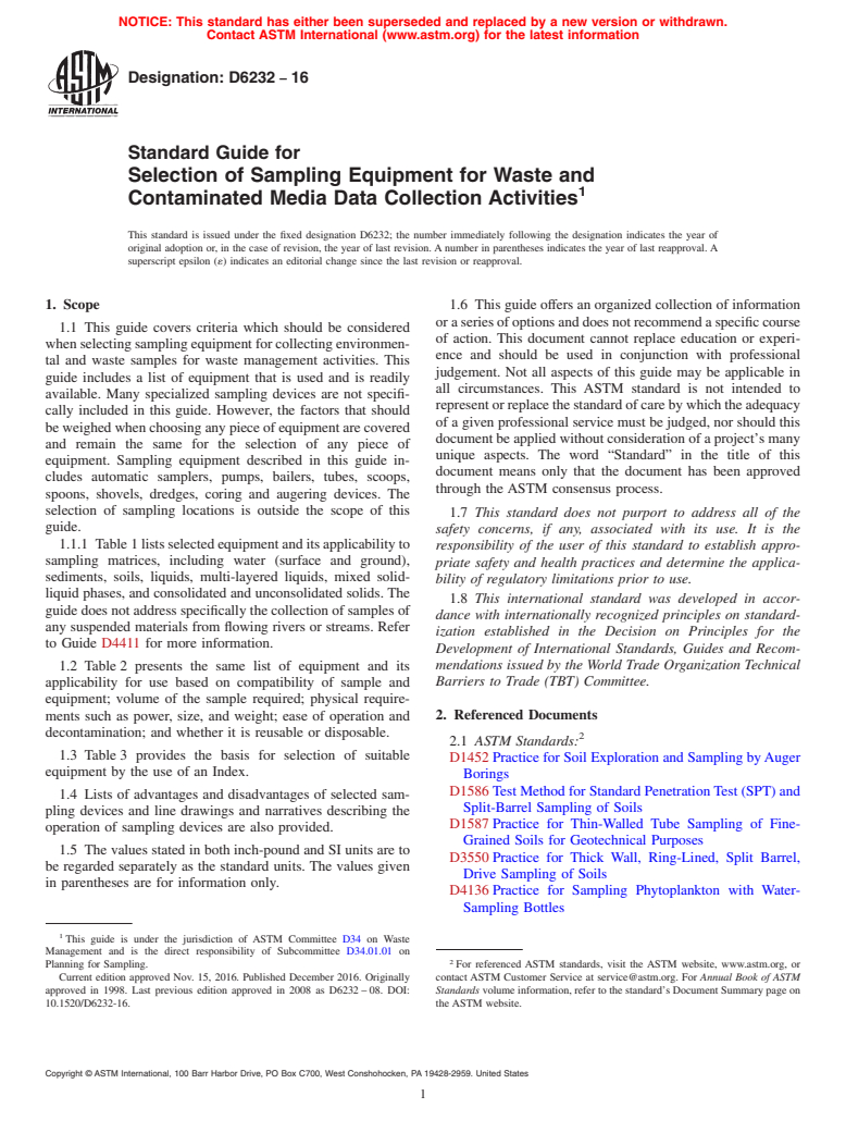 ASTM D6232-16 - Standard Guide for  Selection of Sampling Equipment for Waste and Contaminated  Media Data Collection Activities