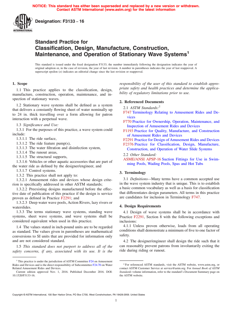 ASTM F3133-16 - Standard Practice for Classification, Design, Manufacture, Construction, Maintenance,  and Operation of Stationary Wave Systems