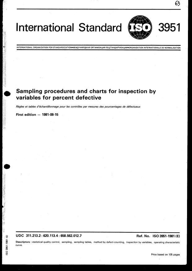 ISO 3951:1981 - Sampling procedures and charts for inspection by variables for percent defective