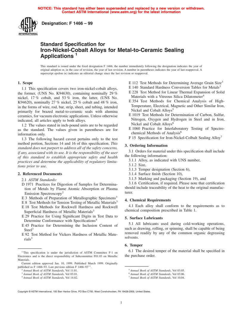 ASTM F1466-99 - Standard Specification for Iron-Nickel-Cobalt Alloys for Metal-to-Ceramic Sealing Applications