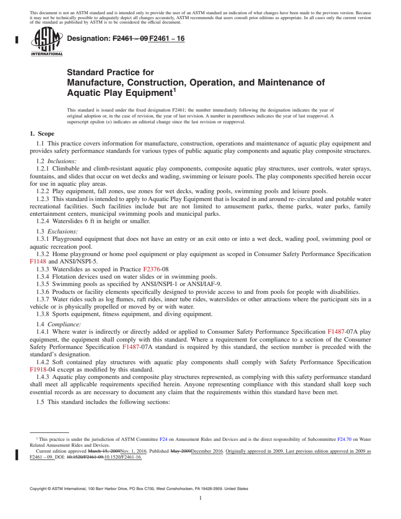 REDLINE ASTM F2461-16 - Standard Practice for  Manufacture, Construction, Operation, and Maintenance of Aquatic  Play Equipment