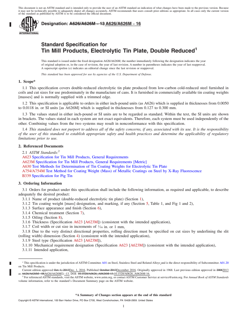 REDLINE ASTM A626/A626M-16 - Standard Specification for  Tin Mill Products, Electrolytic Tin Plate, Double Reduced