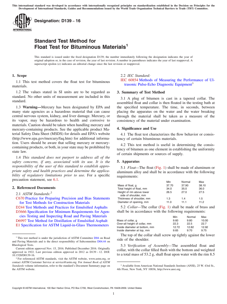 ASTM D139-16 - Standard Test Method for Float Test for Bituminous Materials
