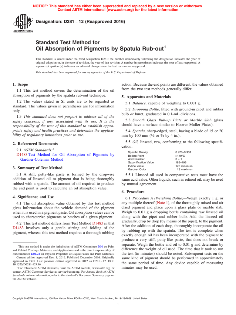 ASTM D281-12(2016) - Standard Test Method for Oil Absorption of Pigments by Spatula Rub-out