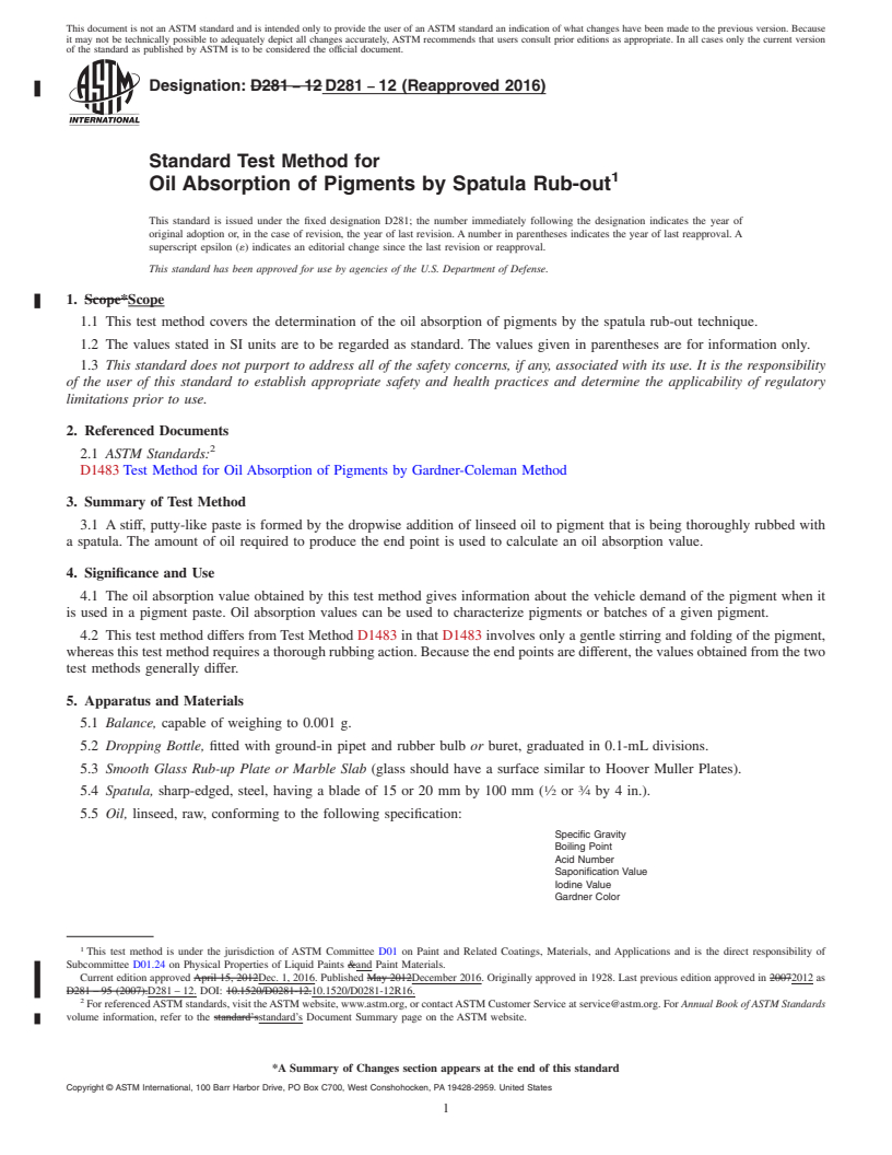 REDLINE ASTM D281-12(2016) - Standard Test Method for Oil Absorption of Pigments by Spatula Rub-out