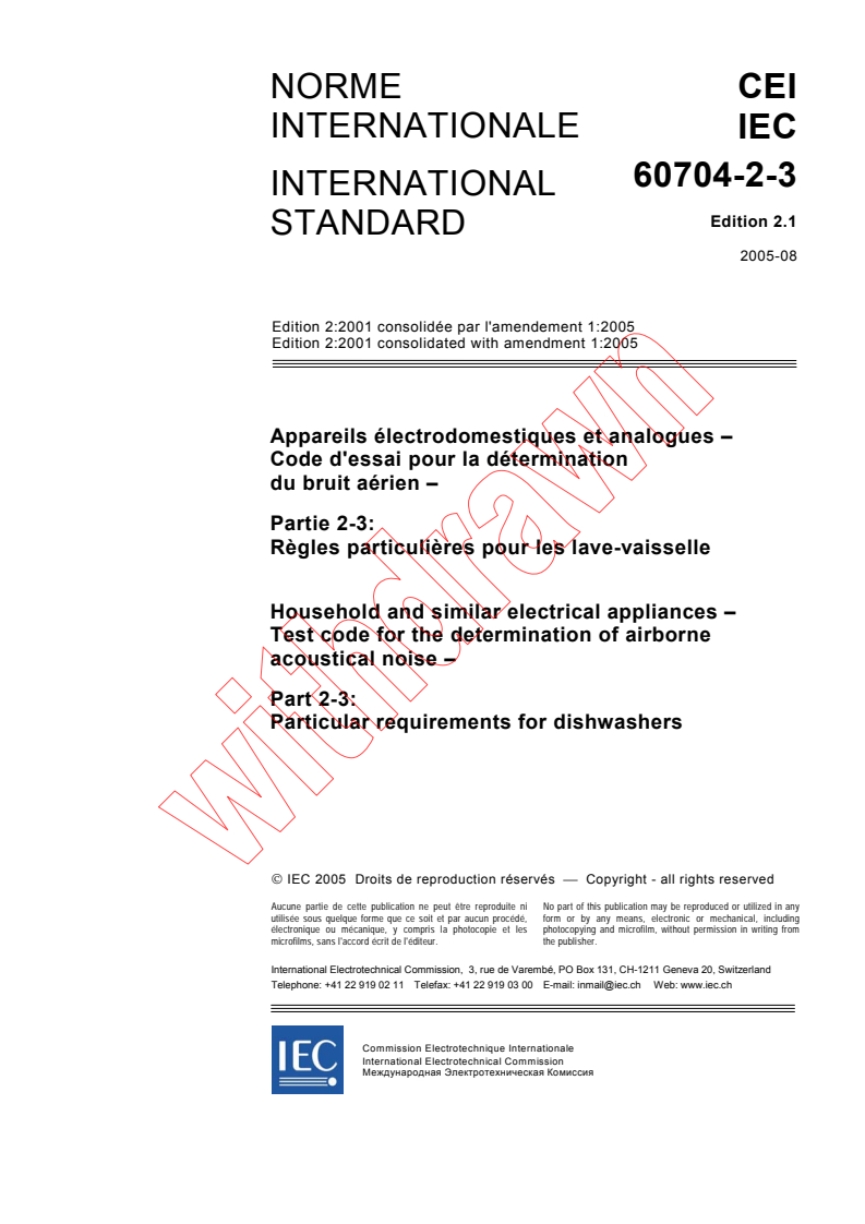 IEC 60704-2-3:2001+AMD1:2005 CSV - Household and similar electrical appliances - Test code for the determination of airborne aocustical noise - Part 2-3: Particular requirements for dishwashers
Released:8/11/2005
Isbn:2831881471
