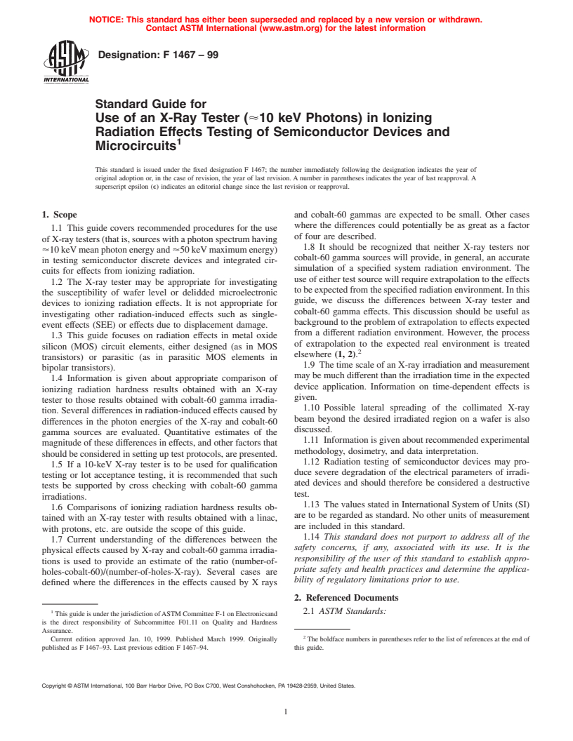 ASTM F1467-99 - Standard Guide for Use of an X-Ray Tester ([approximate]10 keV Photons) in Ionizing Radiation Effects Testing of Semiconductor Devices and Microcircuits