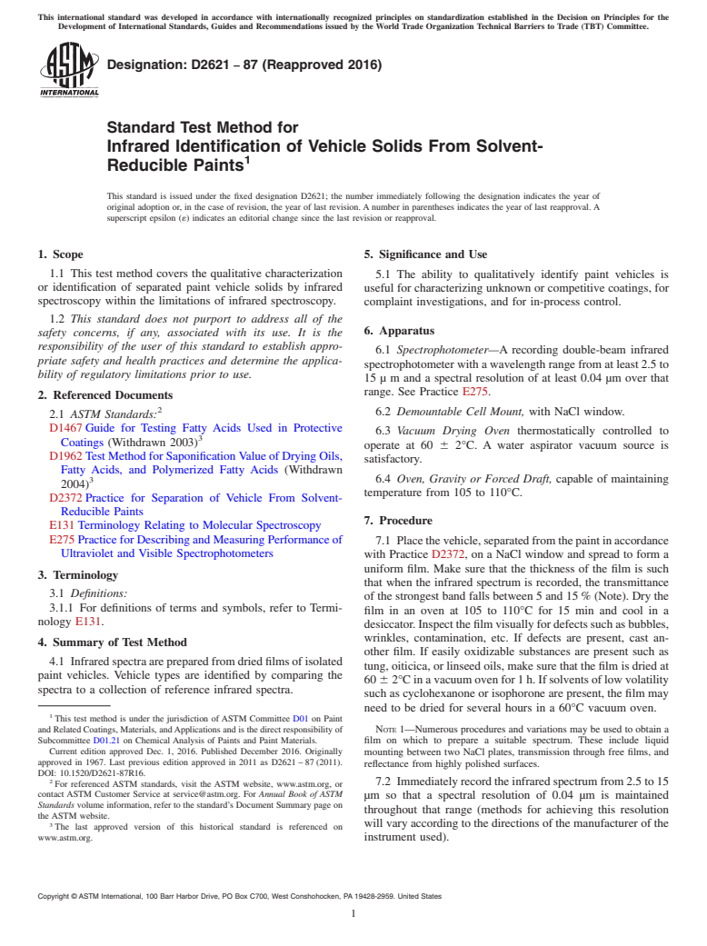 ASTM D2621-87(2016) - Standard Test Method for Infrared Identification of Vehicle Solids From Solvent-Reducible   Paints