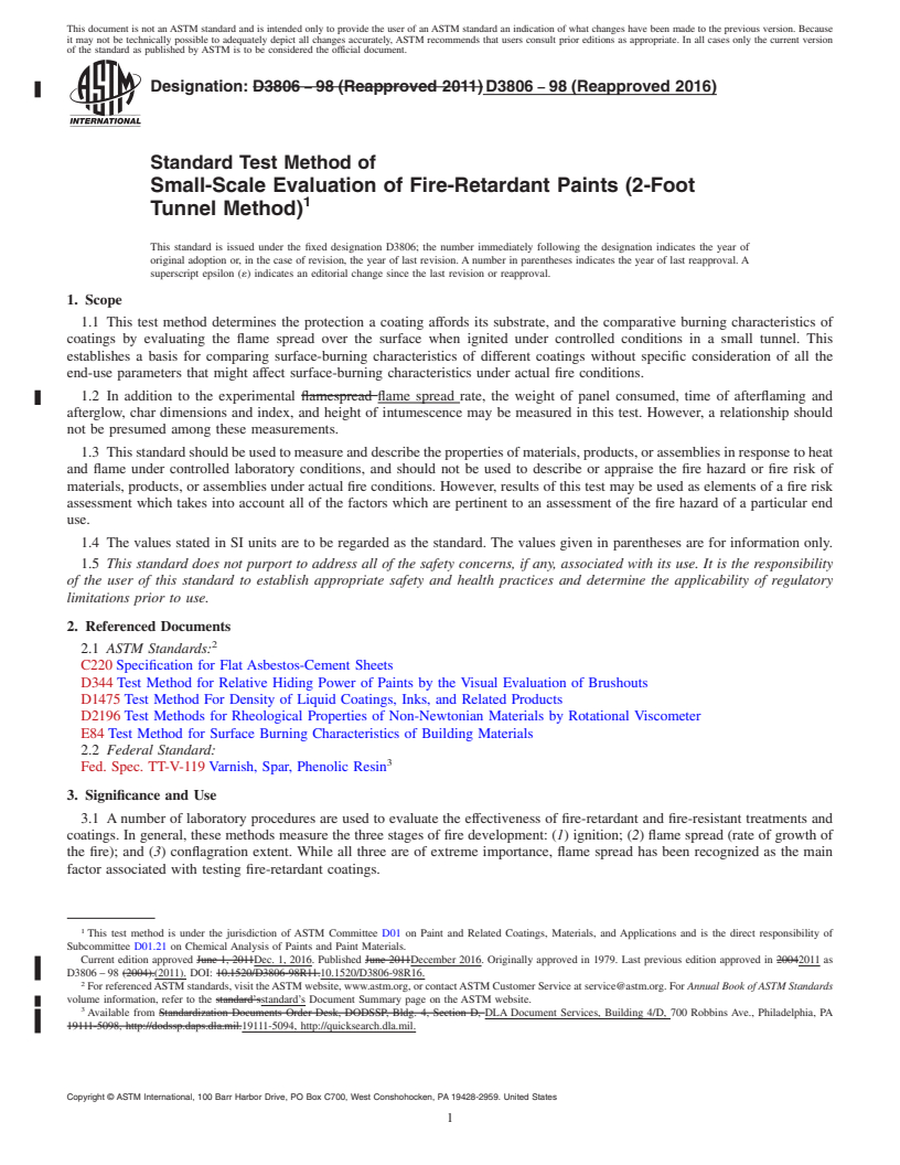 REDLINE ASTM D3806-98(2016) - Standard Test Method of Small-Scale Evaluation of Fire-Retardant Paints (2-Foot Tunnel   Method)