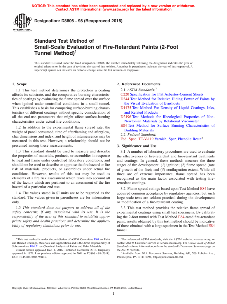 ASTM D3806-98(2016) - Standard Test Method of Small-Scale Evaluation of Fire-Retardant Paints (2-Foot Tunnel   Method)