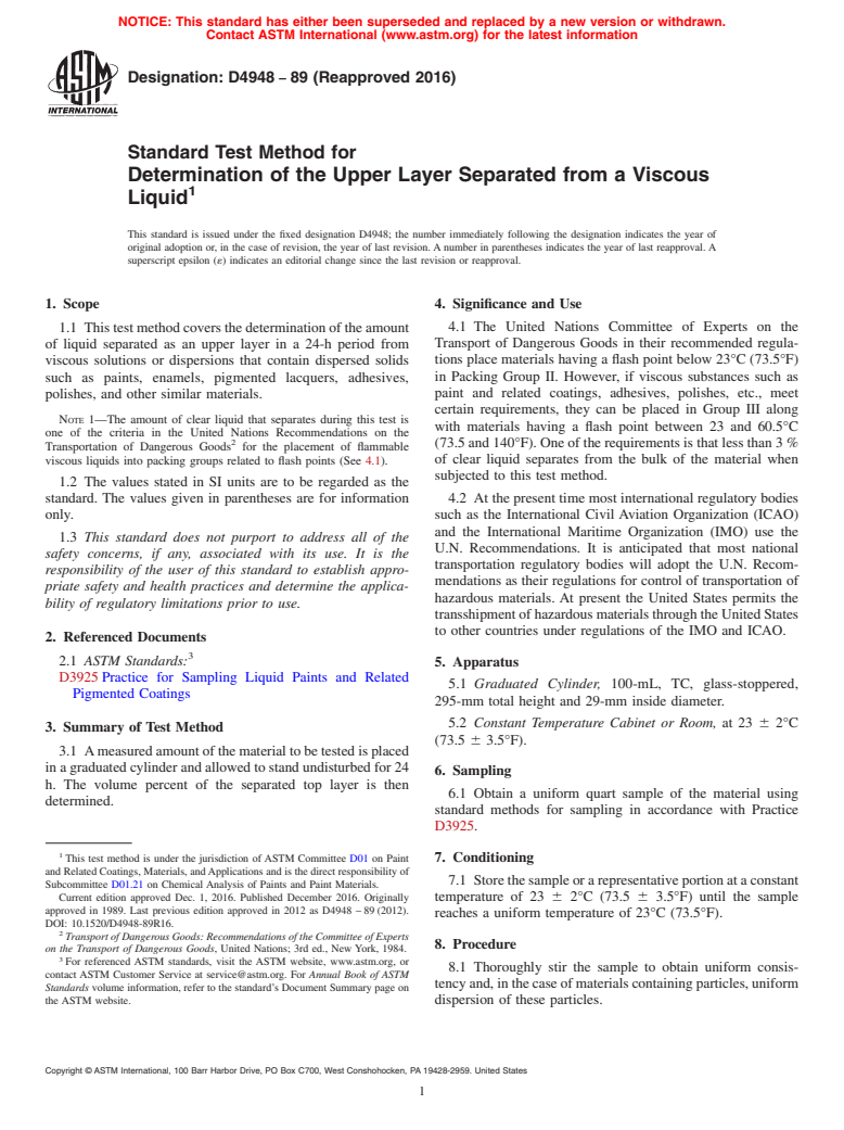 ASTM D4948-89(2016) - Standard Test Method for Determination of the Upper Layer Separated from a Viscous Liquid