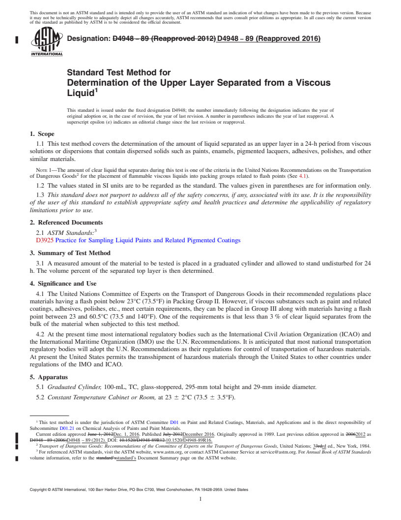 REDLINE ASTM D4948-89(2016) - Standard Test Method for Determination of the Upper Layer Separated from a Viscous Liquid