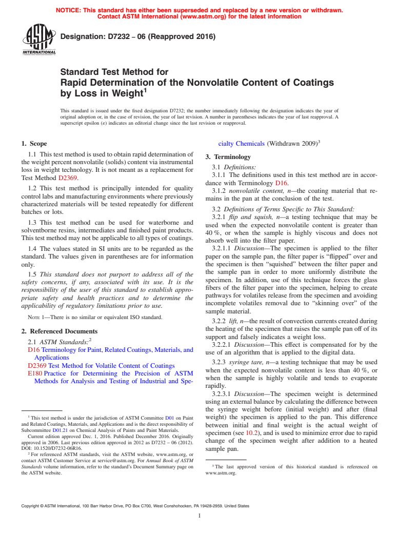 ASTM D7232-06(2016) - Standard Test Method for Rapid Determination of the Nonvolatile Content of Coatings   by Loss    in Weight