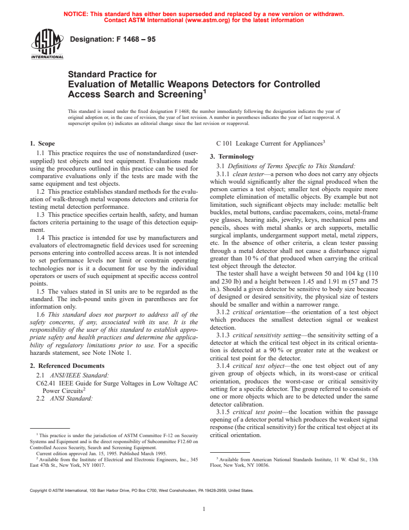 ASTM F1468-95 - Standard Practice for Evaluation of Metallic Weapons Detectors for Controlled Access Search and Screening