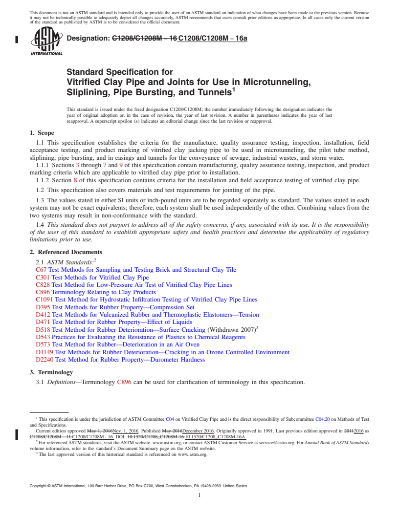 REDLINE ASTM C1208/C1208M-16a - Standard Specification for  Vitrified Clay Pipe and Joints for Use in Microtunneling, Sliplining,  Pipe Bursting, and Tunnels