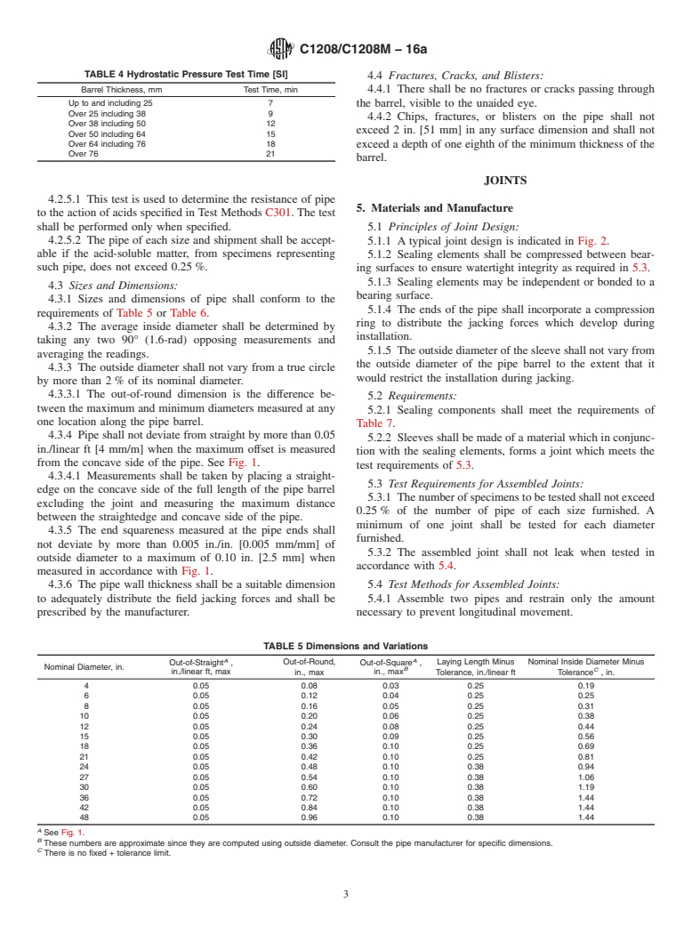 ASTM C1208/C1208M-16a - Standard Specification for  Vitrified Clay Pipe and Joints for Use in Microtunneling, Sliplining,  Pipe Bursting, and Tunnels