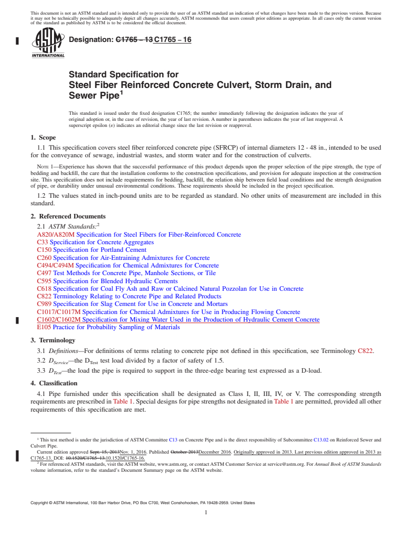 REDLINE ASTM C1765-16 - Standard Specification for Steel Fiber Reinforced Concrete Culvert, Storm Drain, and Sewer  Pipe