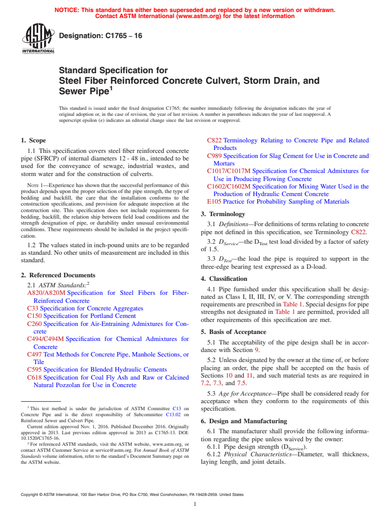 ASTM C1765-16 - Standard Specification for Steel Fiber Reinforced Concrete Culvert, Storm Drain, and Sewer  Pipe