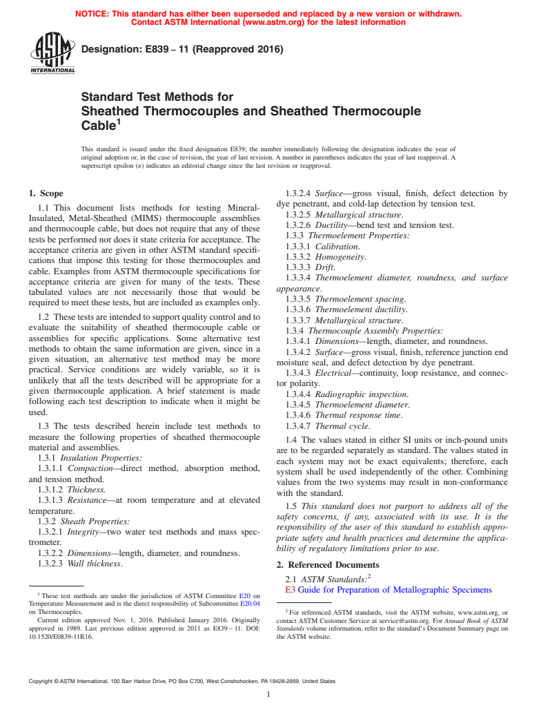 ASTM E839-11(2016) - Standard Test Methods for  Sheathed Thermocouples and Sheathed Thermocouple Cable