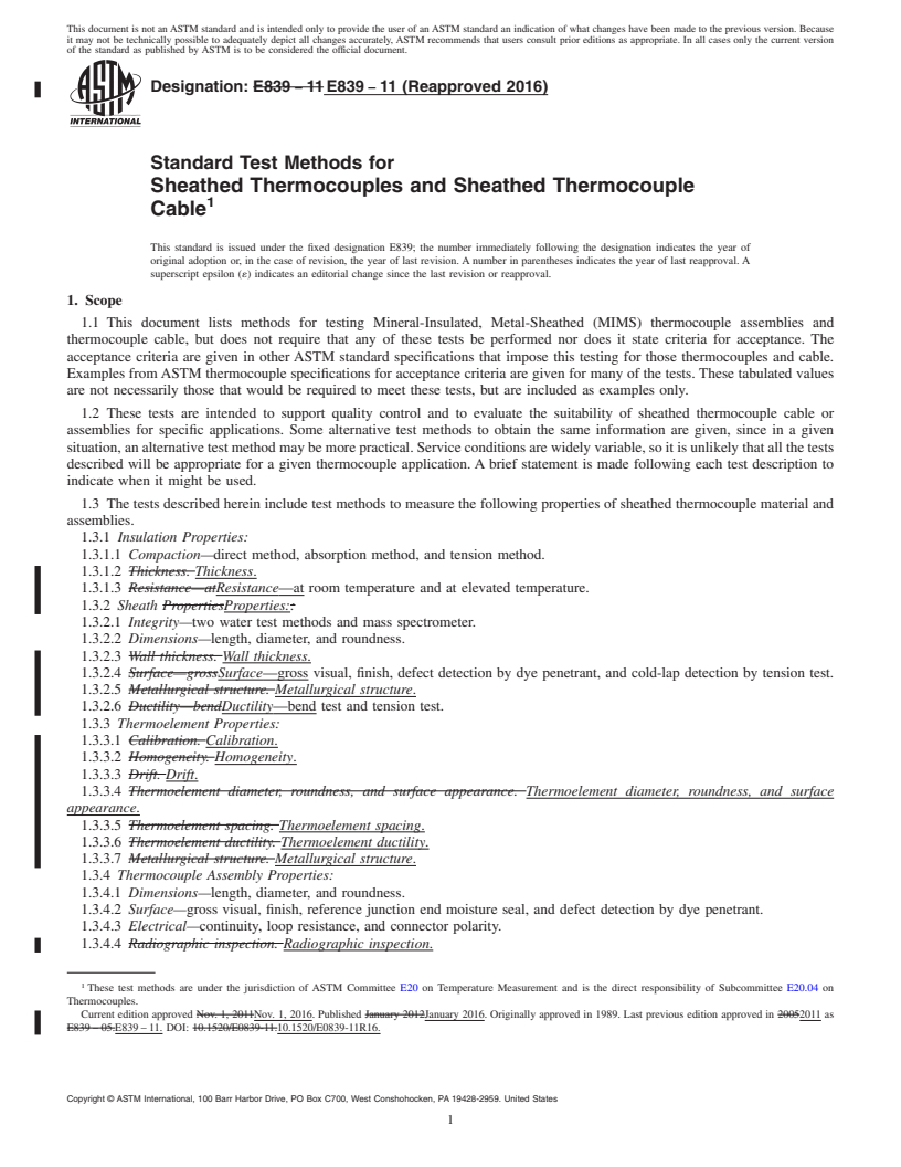 REDLINE ASTM E839-11(2016) - Standard Test Methods for  Sheathed Thermocouples and Sheathed Thermocouple Cable