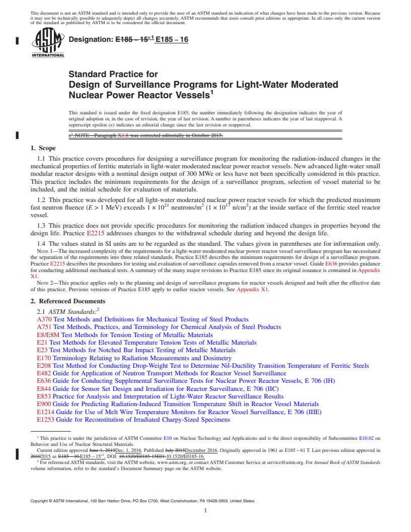 REDLINE ASTM E185-16 - Standard Practice for  Design of Surveillance Programs for Light-Water Moderated Nuclear  Power Reactor Vessels