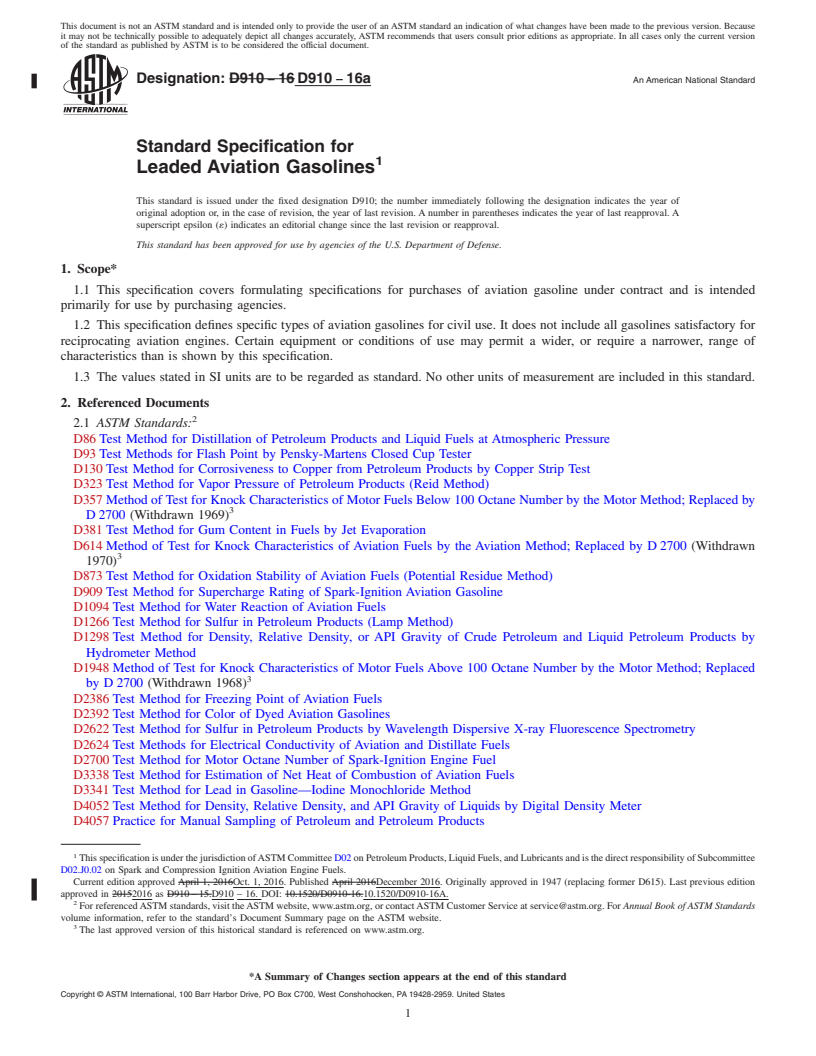 REDLINE ASTM D910-16a - Standard Specification for  Leaded Aviation Gasolines