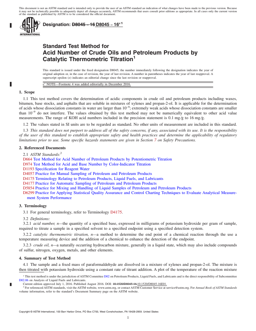 REDLINE ASTM D8045-16e1 - Standard Test Method for Acid Number of Crude Oils and Petroleum Products by Catalytic  Thermometric Titration