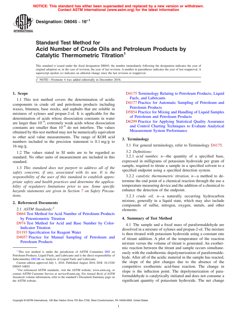 ASTM D8045-16e1 - Standard Test Method for Acid Number of Crude Oils and Petroleum Products by Catalytic  Thermometric Titration