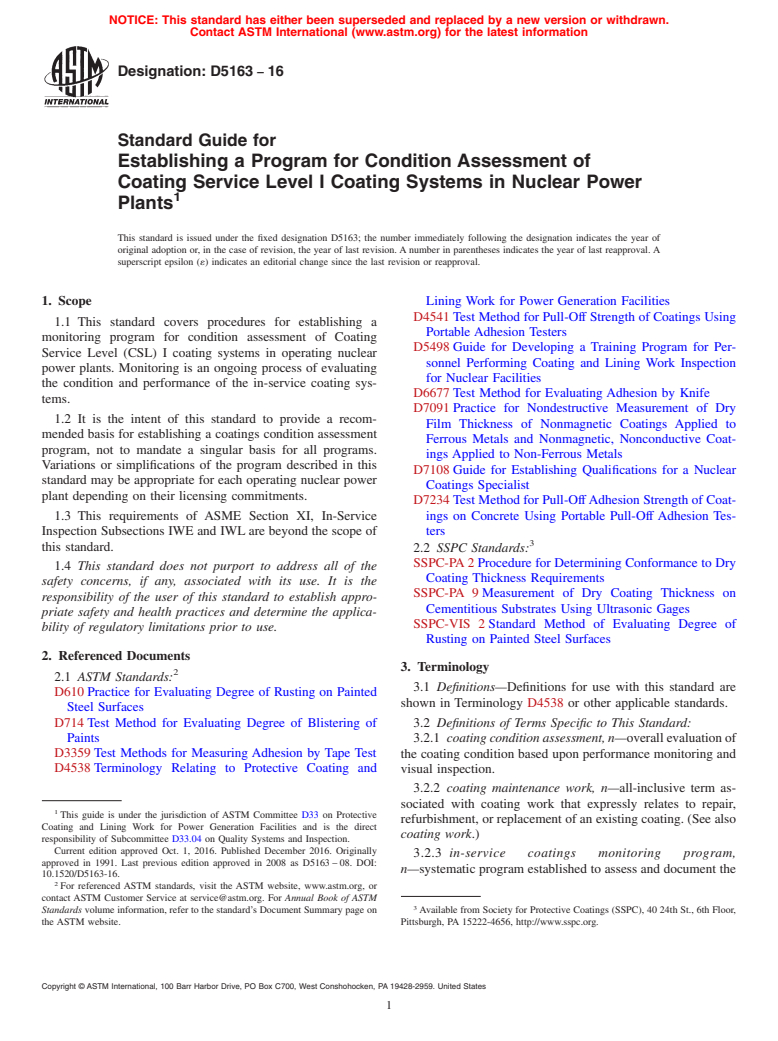 ASTM D5163-16 - Standard Guide for Establishing a Program for Condition Assessment of Coating  Service        Level I Coating Systems in Nuclear Power Plants