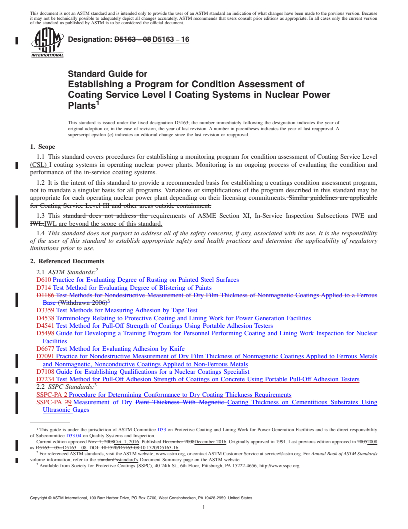 REDLINE ASTM D5163-16 - Standard Guide for Establishing a Program for Condition Assessment of Coating  Service        Level I Coating Systems in Nuclear Power Plants