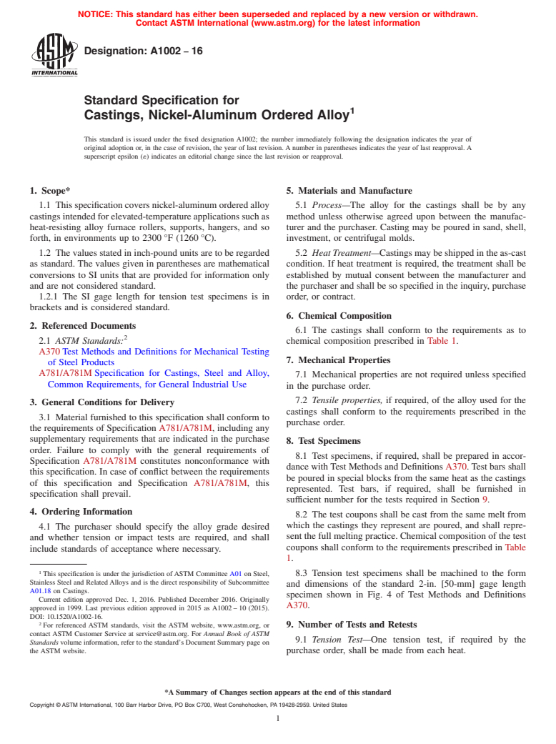 ASTM A1002-16 - Standard Specification for  Castings, Nickel-Aluminum Ordered Alloy