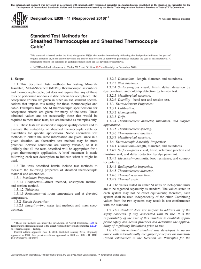 ASTM E839-11(2016)e1 - Standard Test Methods for  Sheathed Thermocouples and Sheathed Thermocouple Cable