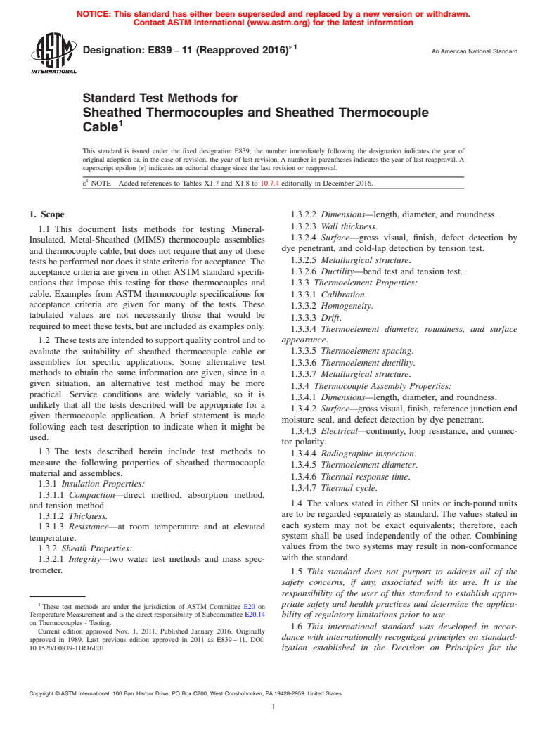 ASTM E839-11(2016)e1 - Standard Test Methods for  Sheathed Thermocouples and Sheathed Thermocouple Cable