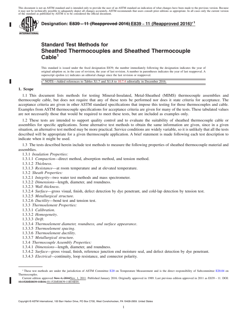 REDLINE ASTM E839-11(2016)e1 - Standard Test Methods for  Sheathed Thermocouples and Sheathed Thermocouple Cable