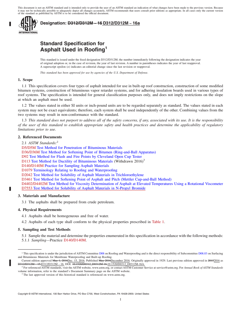 REDLINE ASTM D312/D312M-16a - Standard Specification for  Asphalt Used in Roofing