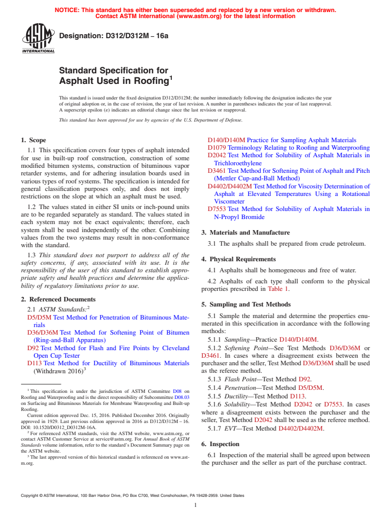 ASTM D312/D312M-16a - Standard Specification for  Asphalt Used in Roofing