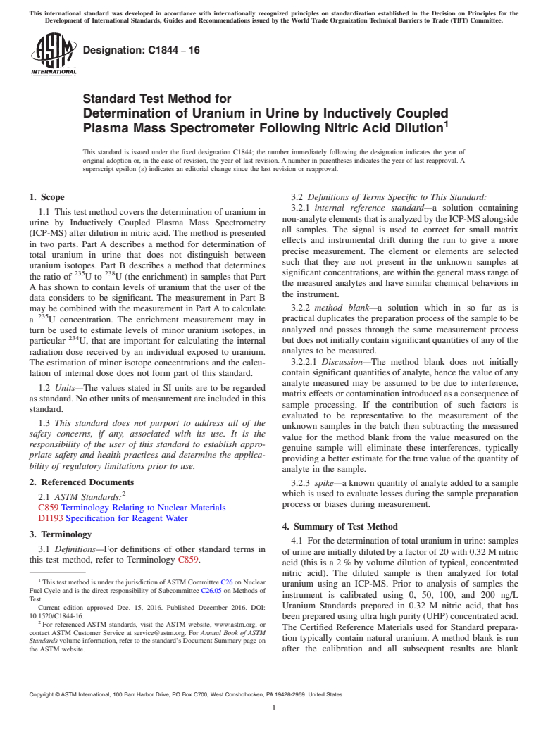 ASTM C1844-16 - Standard Test Method for Determination of Uranium in Urine by Inductively Coupled Plasma  Mass Spectrometer Following Nitric Acid Dilution