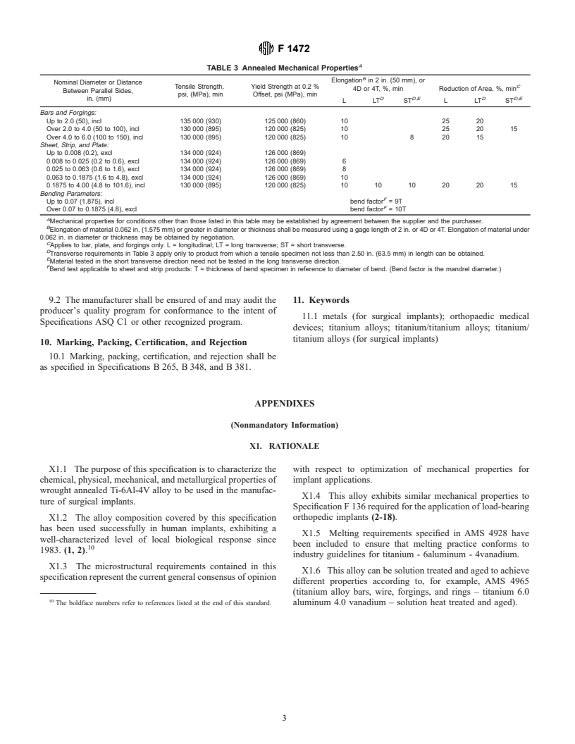 ASTM F1472-00 - Standard Specification for Wrought Titanium -6Aluminum -4Vanadium Alloy (UNS R56400) for Surgical Implant Applications