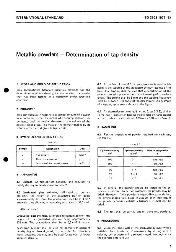 ISO 3953:1977 - Metallic powders -- Determination of tap density
