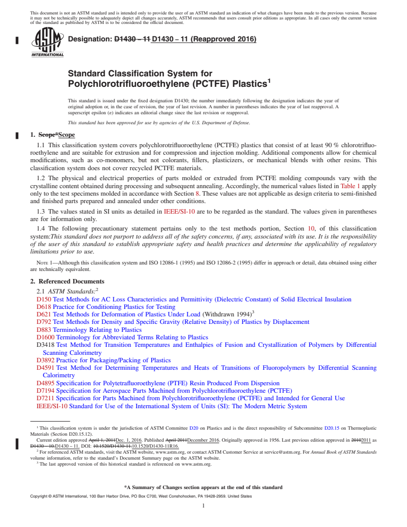 REDLINE ASTM D1430-11(2016) - Standard Classification System for Polychlorotrifluoroethylene (PCTFE) Plastics