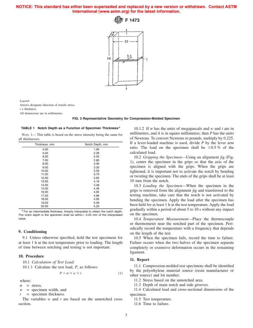 ASTM F1473-01 - Standard Test Method for Notch Tensile Test to Measure the Resistance to Slow Crack Growth of Polyethylene Pipes and Resins