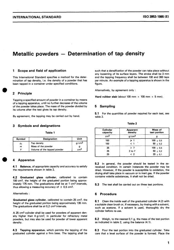 ISO 3953:1985 - Metallic powders -- Determination of tap density