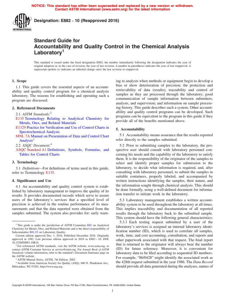 ASTM E882-10(2016) - Standard Guide for  Accountability and Quality Control in the Chemical Analysis  Laboratory