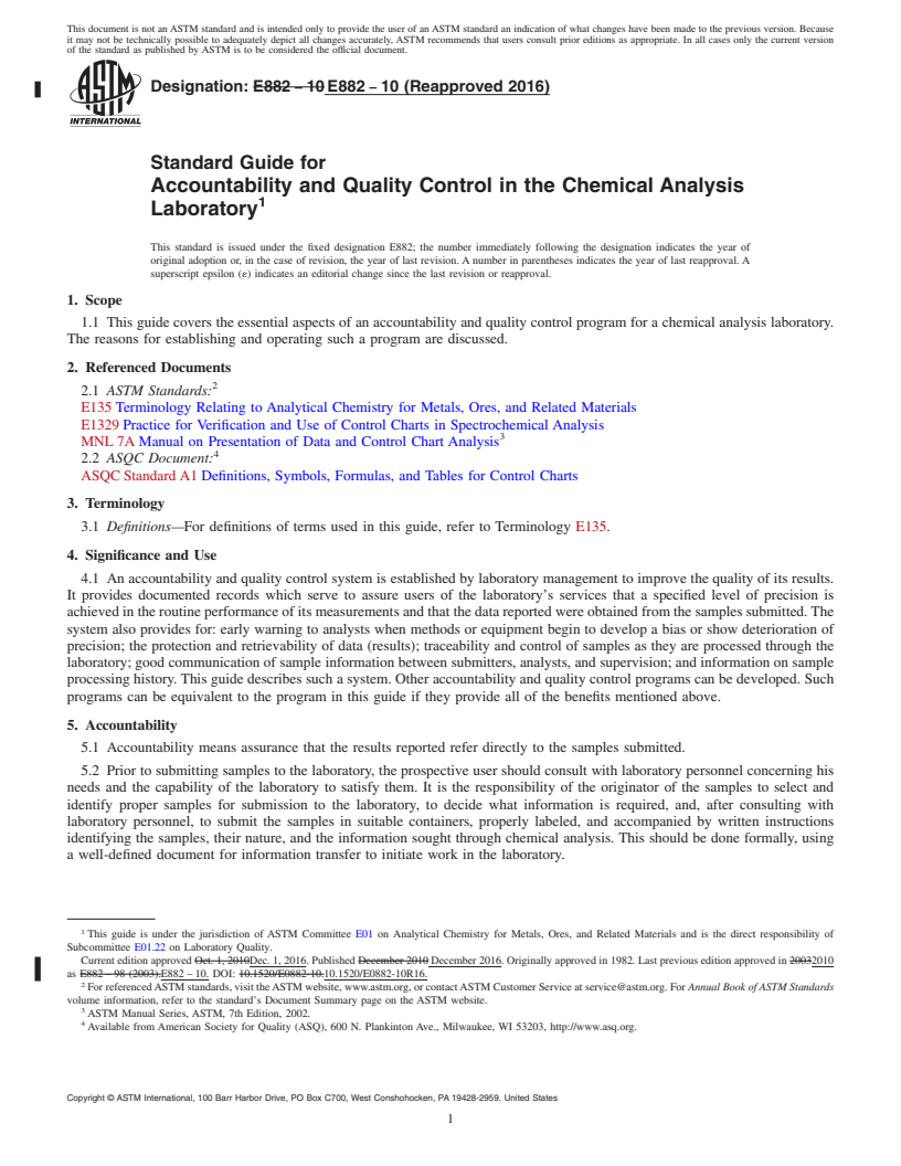 REDLINE ASTM E882-10(2016) - Standard Guide for  Accountability and Quality Control in the Chemical Analysis  Laboratory