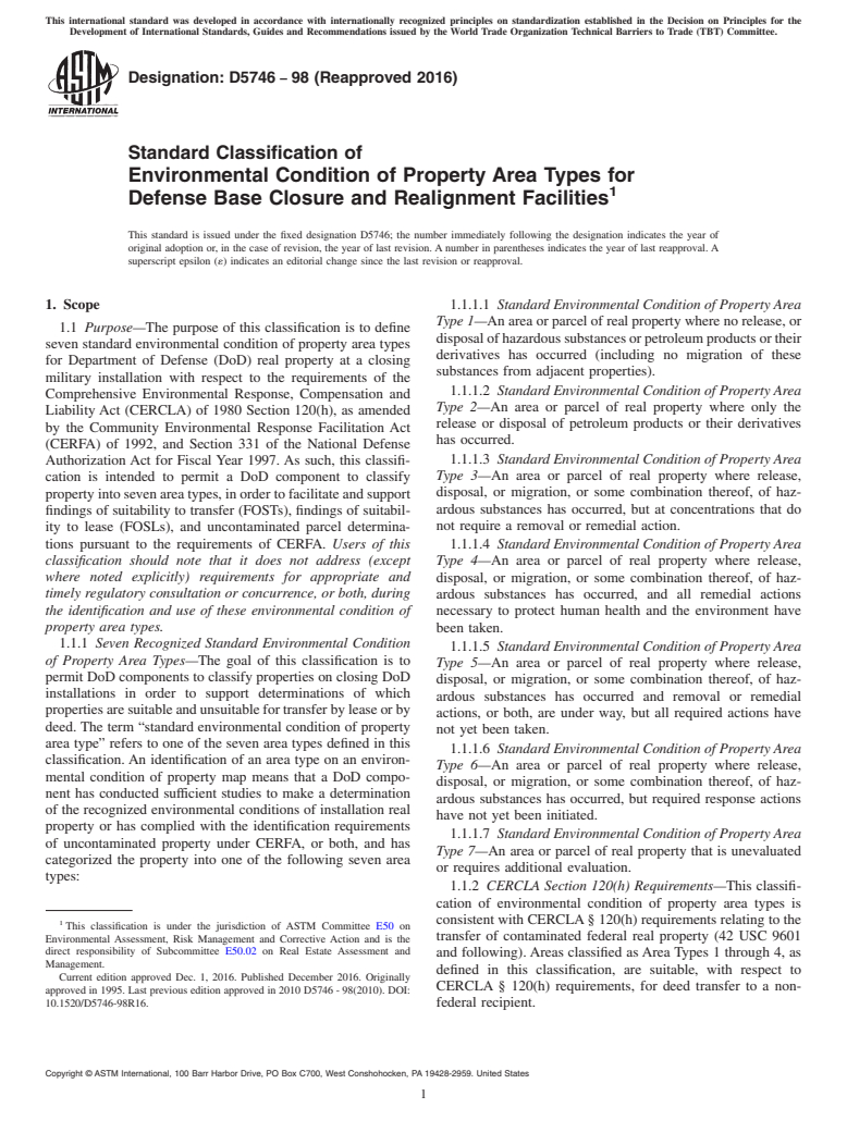 ASTM D5746-98(2016) - Standard Classification of  Environmental Condition of Property Area Types for Defense  Base Closure and Realignment Facilities