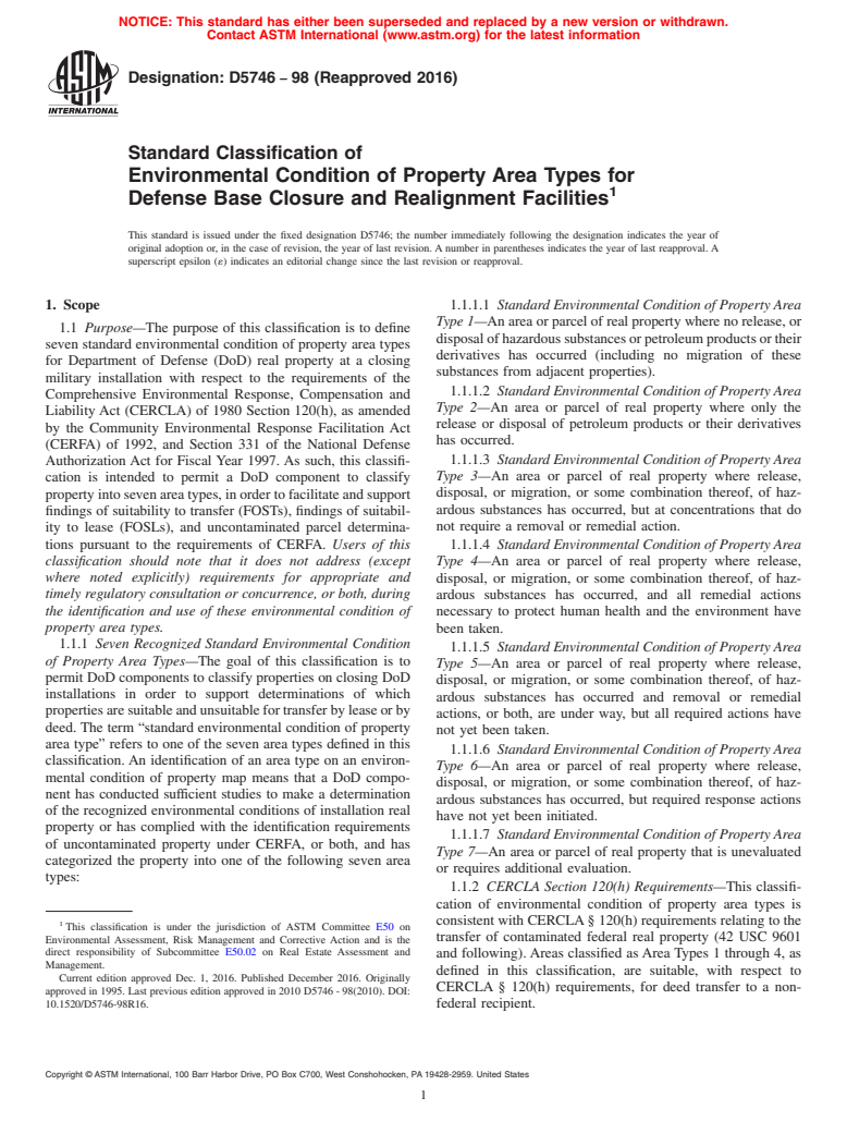 ASTM D5746-98(2016) - Standard Classification of  Environmental Condition of Property Area Types for Defense  Base Closure and Realignment Facilities