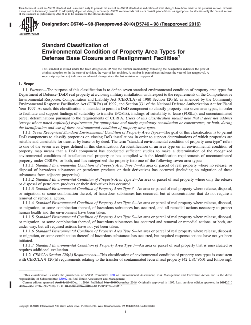 REDLINE ASTM D5746-98(2016) - Standard Classification of  Environmental Condition of Property Area Types for Defense  Base Closure and Realignment Facilities