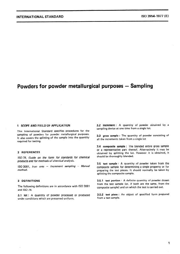 ISO 3954:1977 - Powders for powder metallurgical purposes -- Sampling