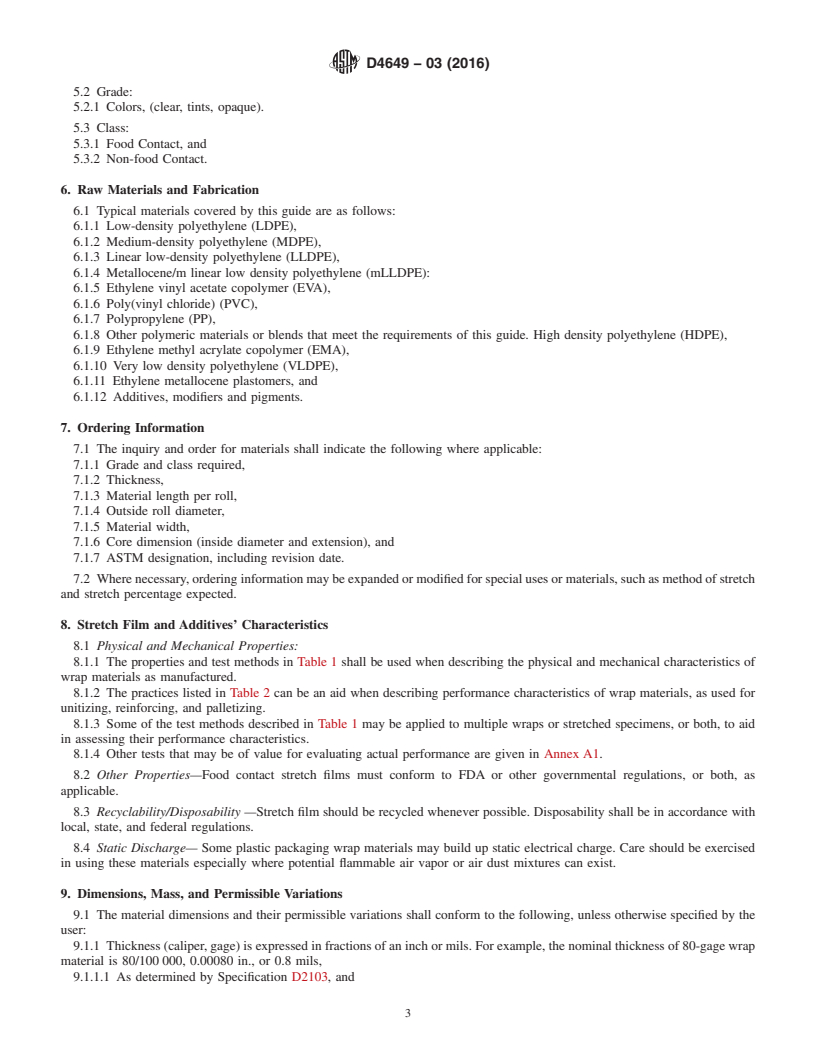 REDLINE ASTM D4649-03(2016) - Standard Guide for  Selection and Use of Stretch Wrap Films