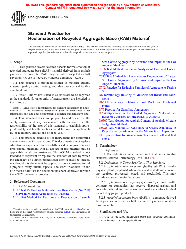 ASTM D8038-16 - Standard Practice for Reclamation of Recycled Aggregate Base (RAB) Material